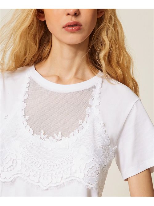T-shirt trompel'oeil con pizzo TWINSET | TT2490/00001